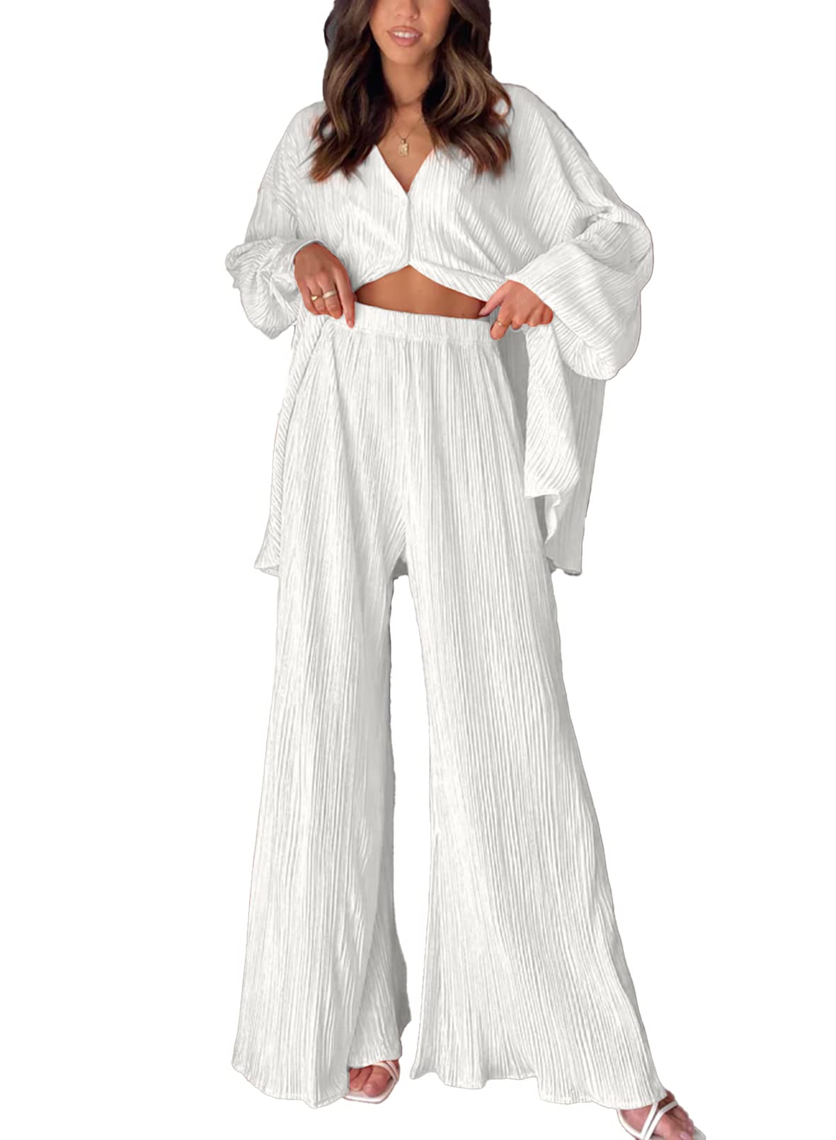 Womens Pleated Plisse Button Up Two-Piece Maternity Set