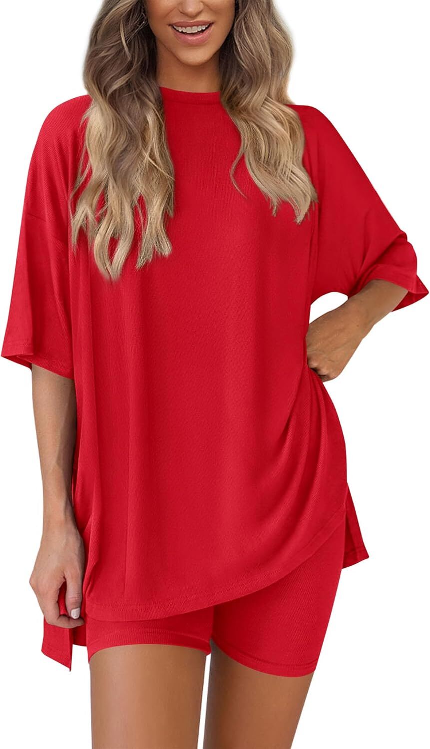 Special Sale🩷Women's Two Piece Lounge Set Casual Oversized Shirts Biker Shorts Matching Airport Travel Outfit