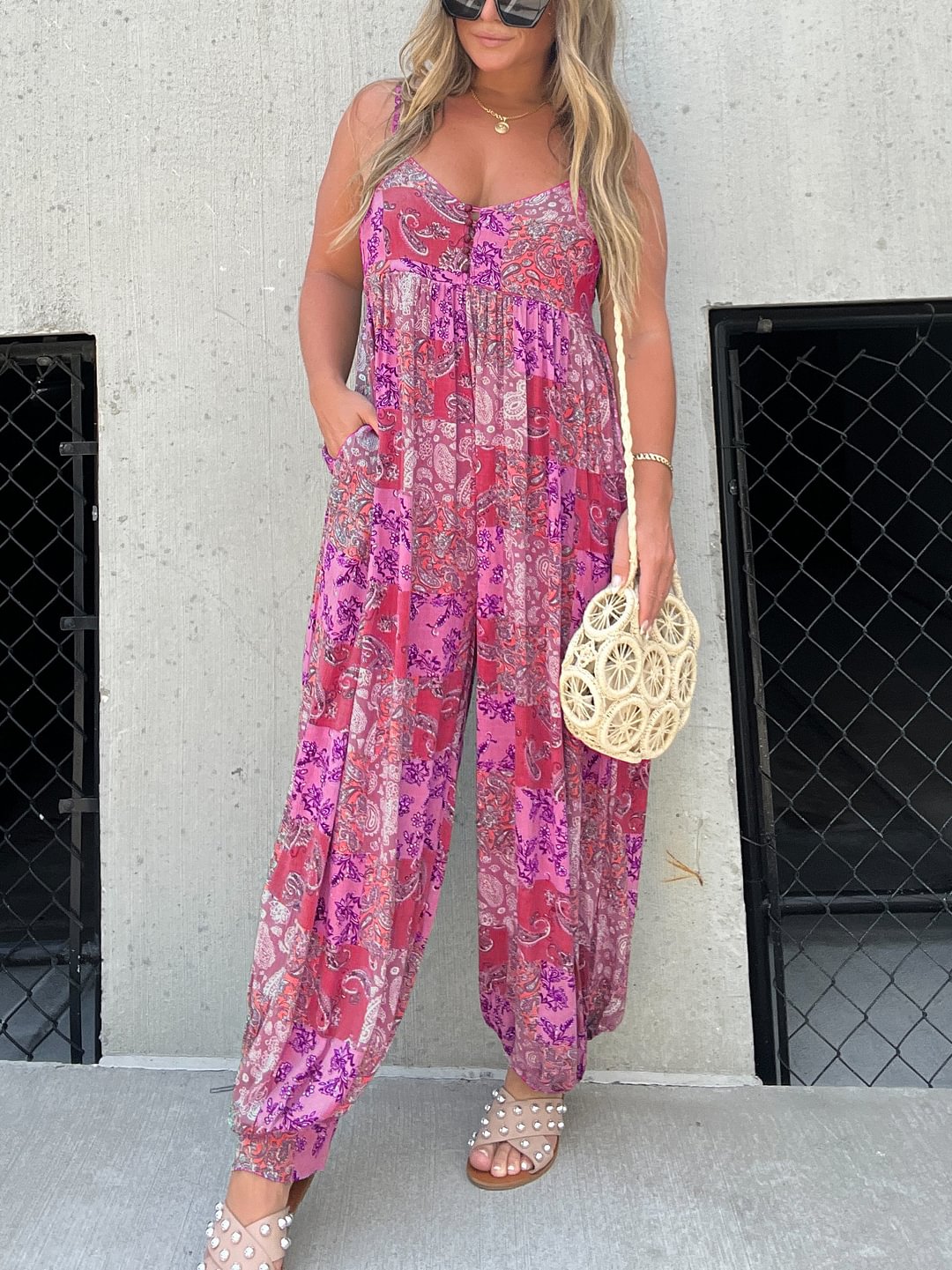 Patchwork Print Loose Jumpsuit (Buy 2 Free Shipping)