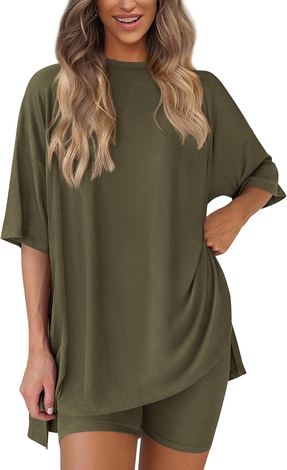 Special Sale🩷Women's Two Piece Lounge Set Casual Oversized Shirts Biker Shorts Matching Airport Travel Outfit