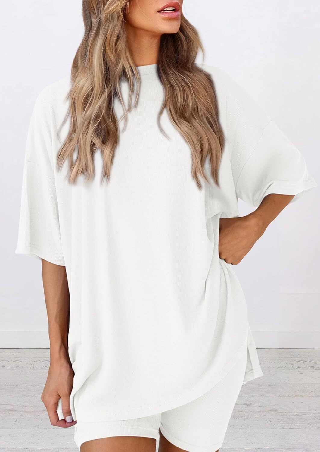 Special Sale🩷Women's Two Piece Lounge Set Casual Oversized Shirts Biker Shorts Matching Airport Travel Outfit
