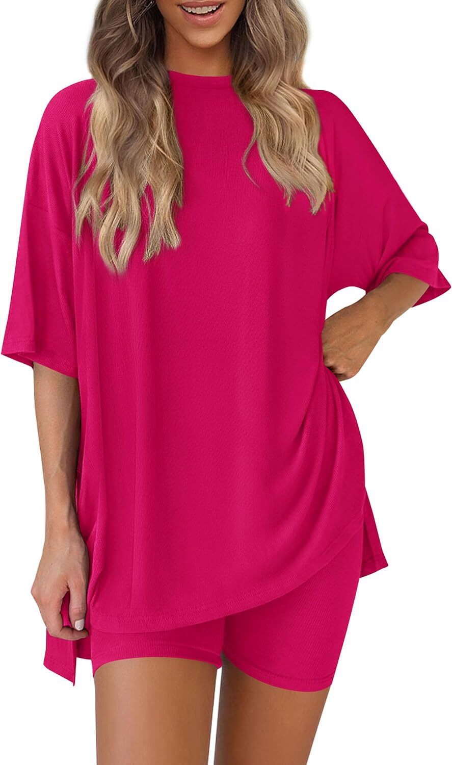 Special Sale🩷Women's Two Piece Lounge Set Casual Oversized Shirts Biker Shorts Matching Airport Travel Outfit