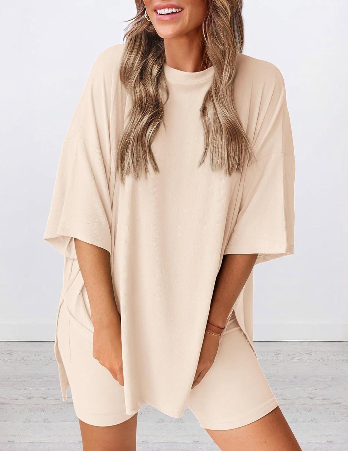 Special Sale🩷Women's Two Piece Lounge Set Casual Oversized Shirts Biker Shorts Matching Airport Travel Outfit