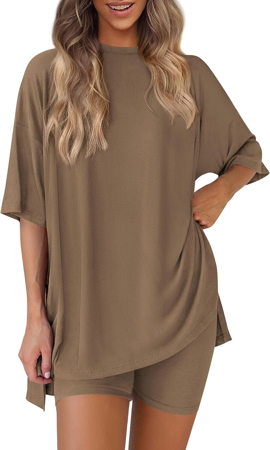 Special Sale🩷Women's Two Piece Lounge Set Casual Oversized Shirts Biker Shorts Matching Airport Travel Outfit