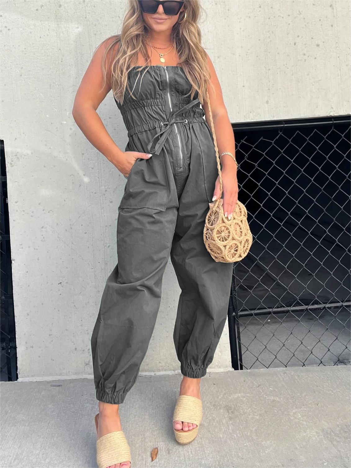 2024 Ruched Elastic Front Zipper Jumpsuit (Buy 2 Free Shipping)