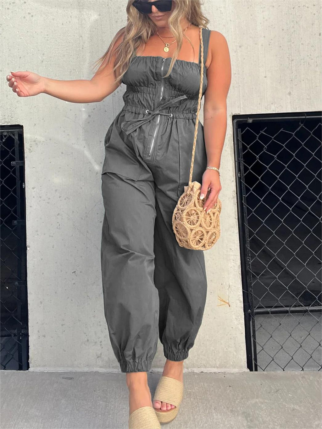 2024 Ruched Elastic Front Zipper Jumpsuit (Buy 2 Free Shipping)