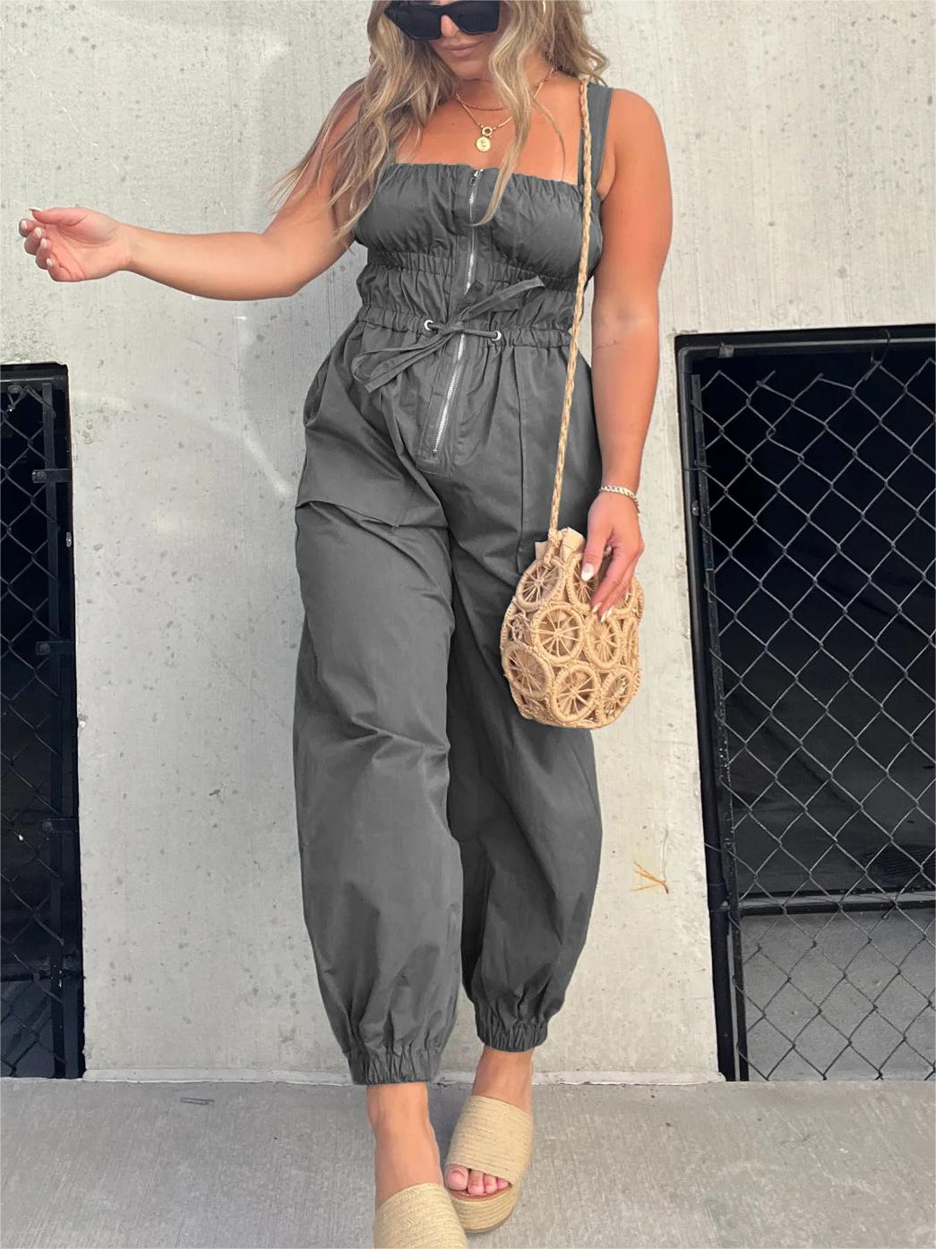 2024 Ruched Elastic Front Zipper Jumpsuit (Buy 2 Free Shipping)