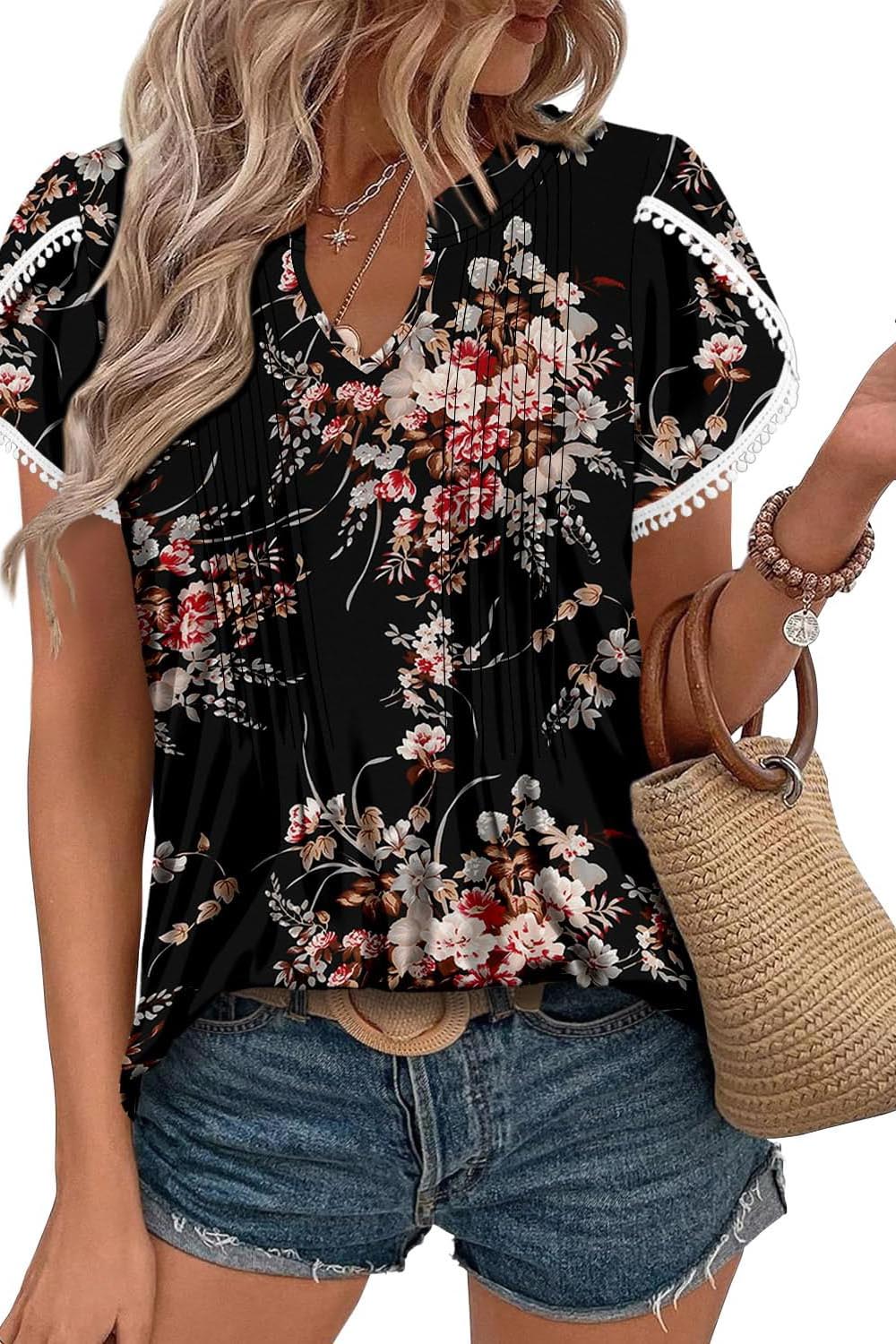 HOT SALE Women's Cute Fringe Cuff Casual Short Sleeve Printed & Solid Tops