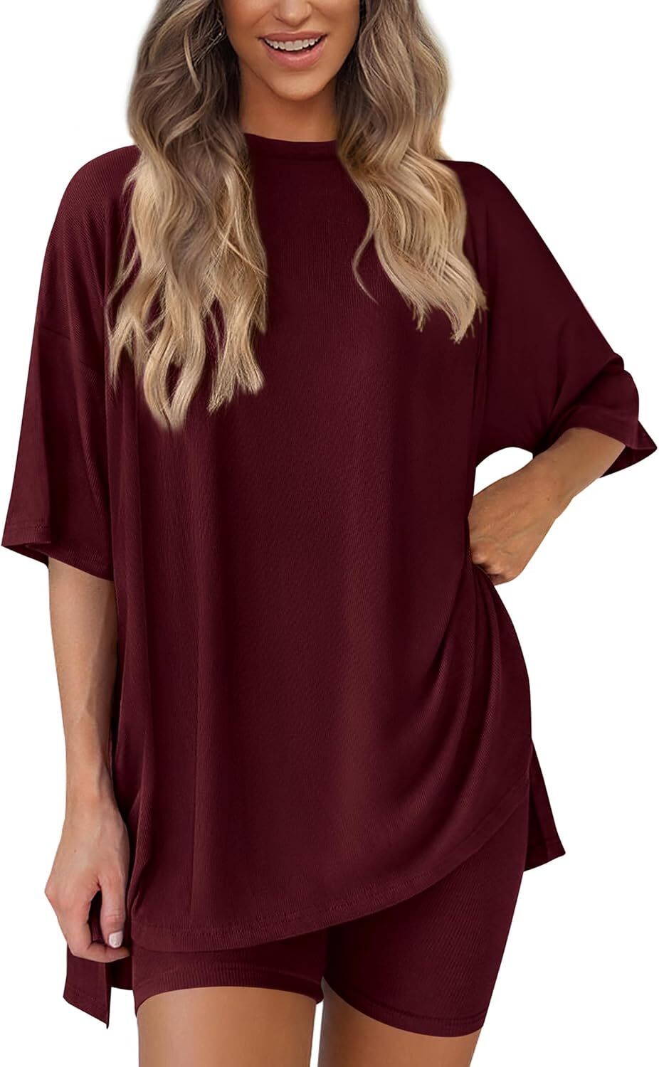Special Sale🩷Women's Two Piece Lounge Set Casual Oversized Shirts Biker Shorts Matching Airport Travel Outfit