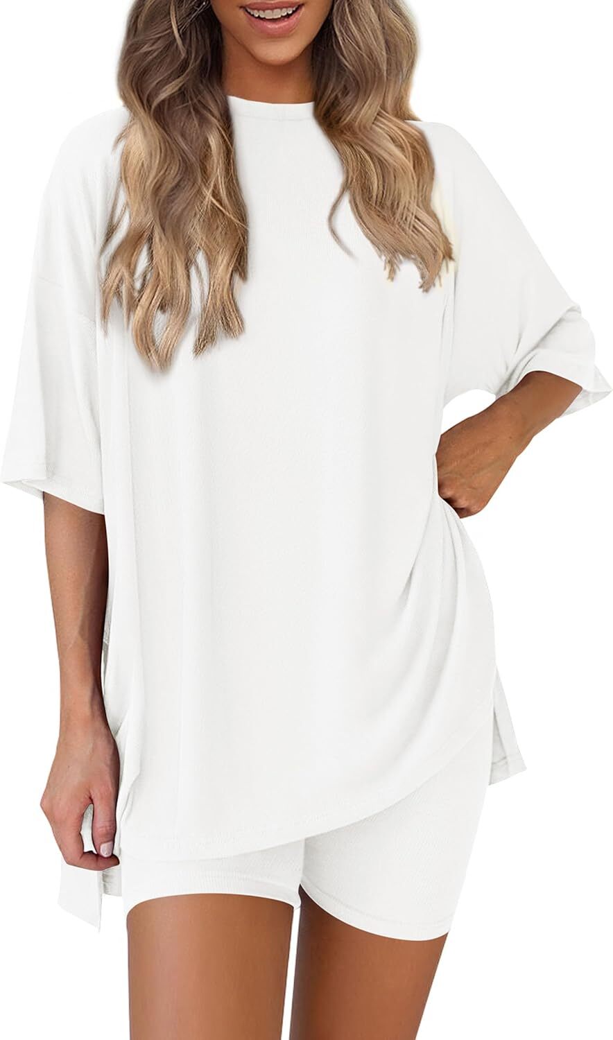 Special Sale🩷Women's Two Piece Lounge Set Casual Oversized Shirts Biker Shorts Matching Airport Travel Outfit
