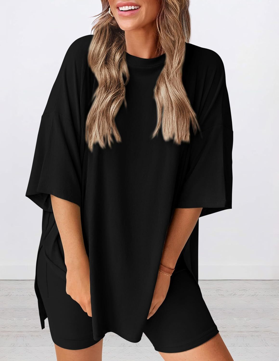 Special Sale🩷Women's Two Piece Lounge Set Casual Oversized Shirts Biker Shorts Matching Airport Travel Outfit