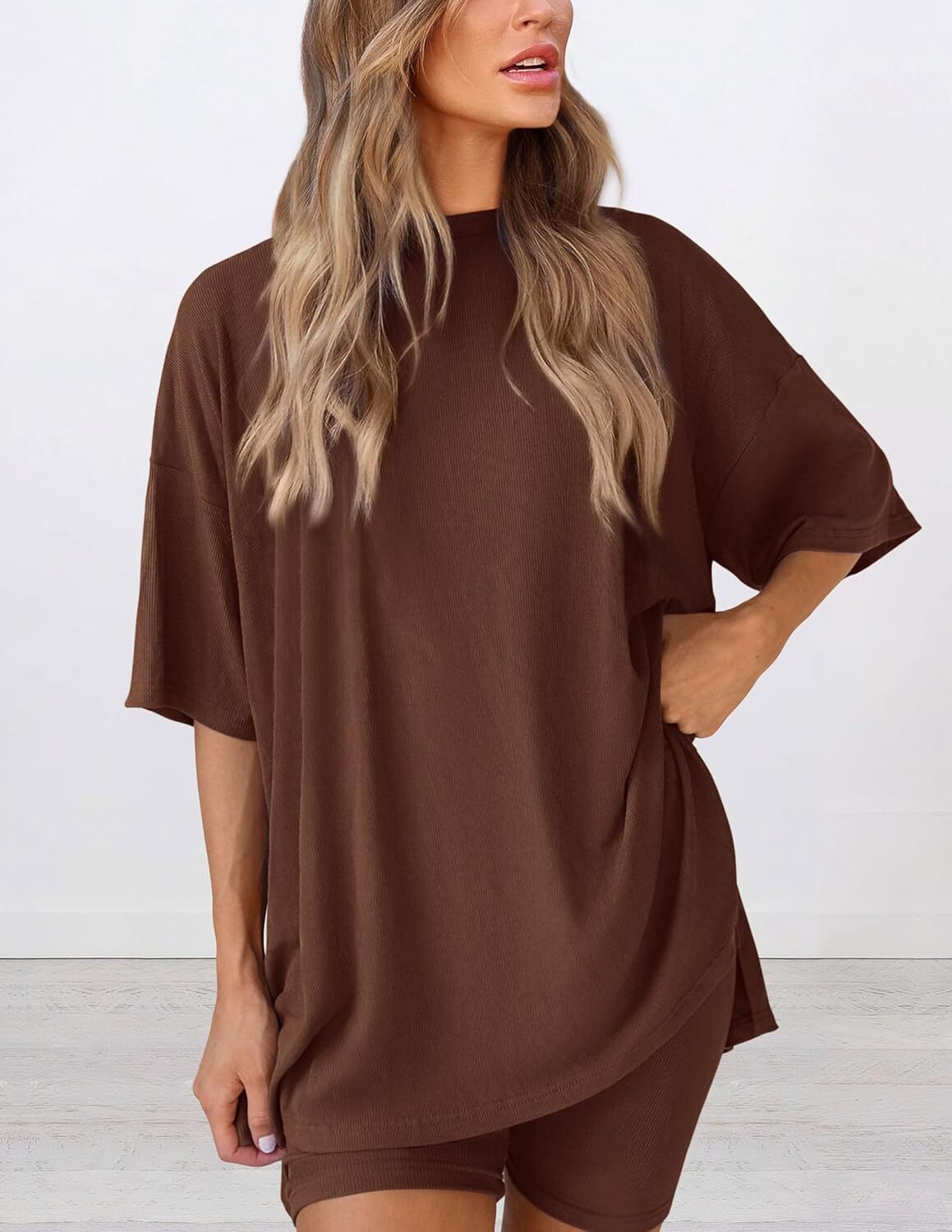 Special Sale🩷Women's Two Piece Lounge Set Casual Oversized Shirts Biker Shorts Matching Airport Travel Outfit