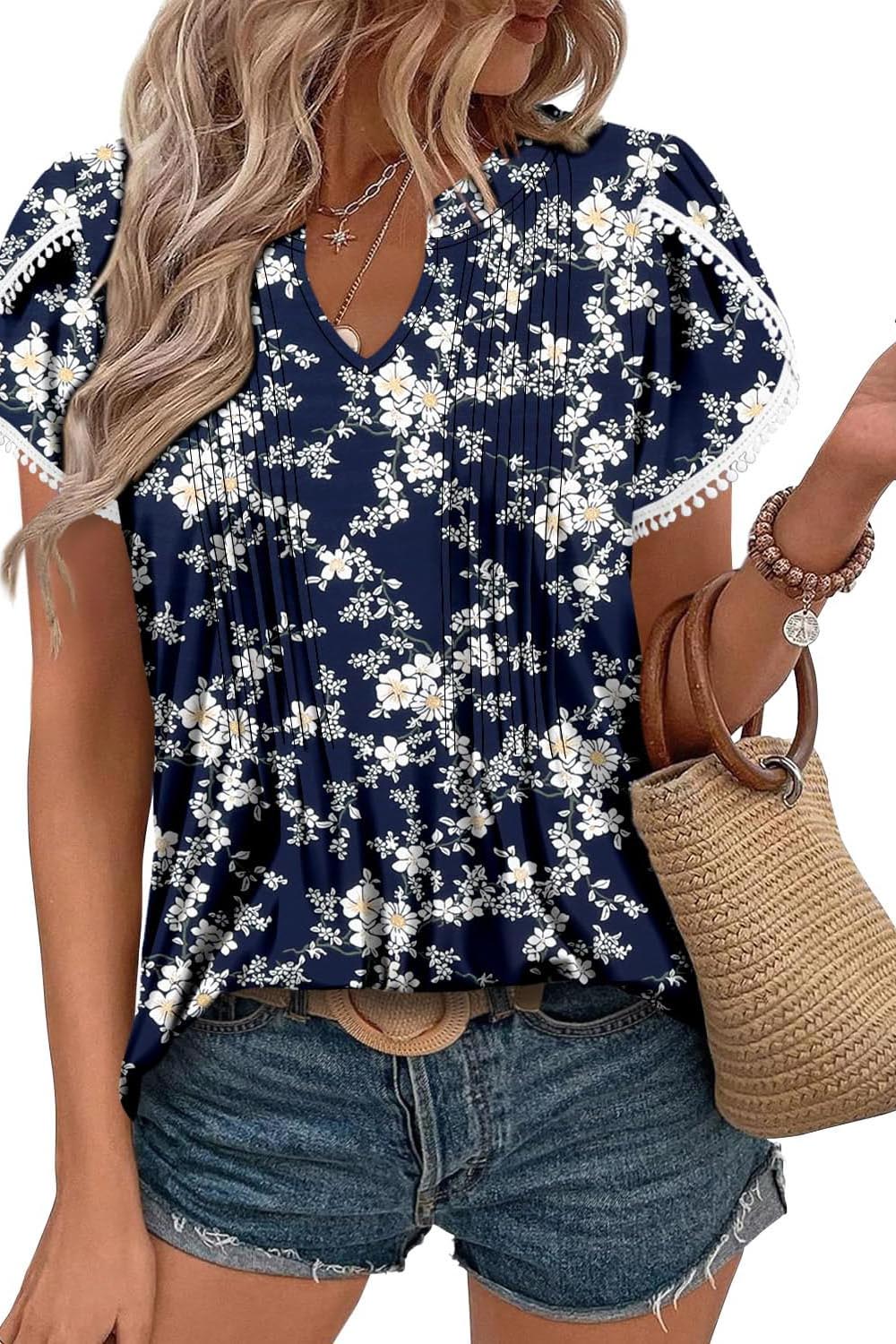 HOT SALE Women's Cute Fringe Cuff Casual Short Sleeve Printed & Solid Tops