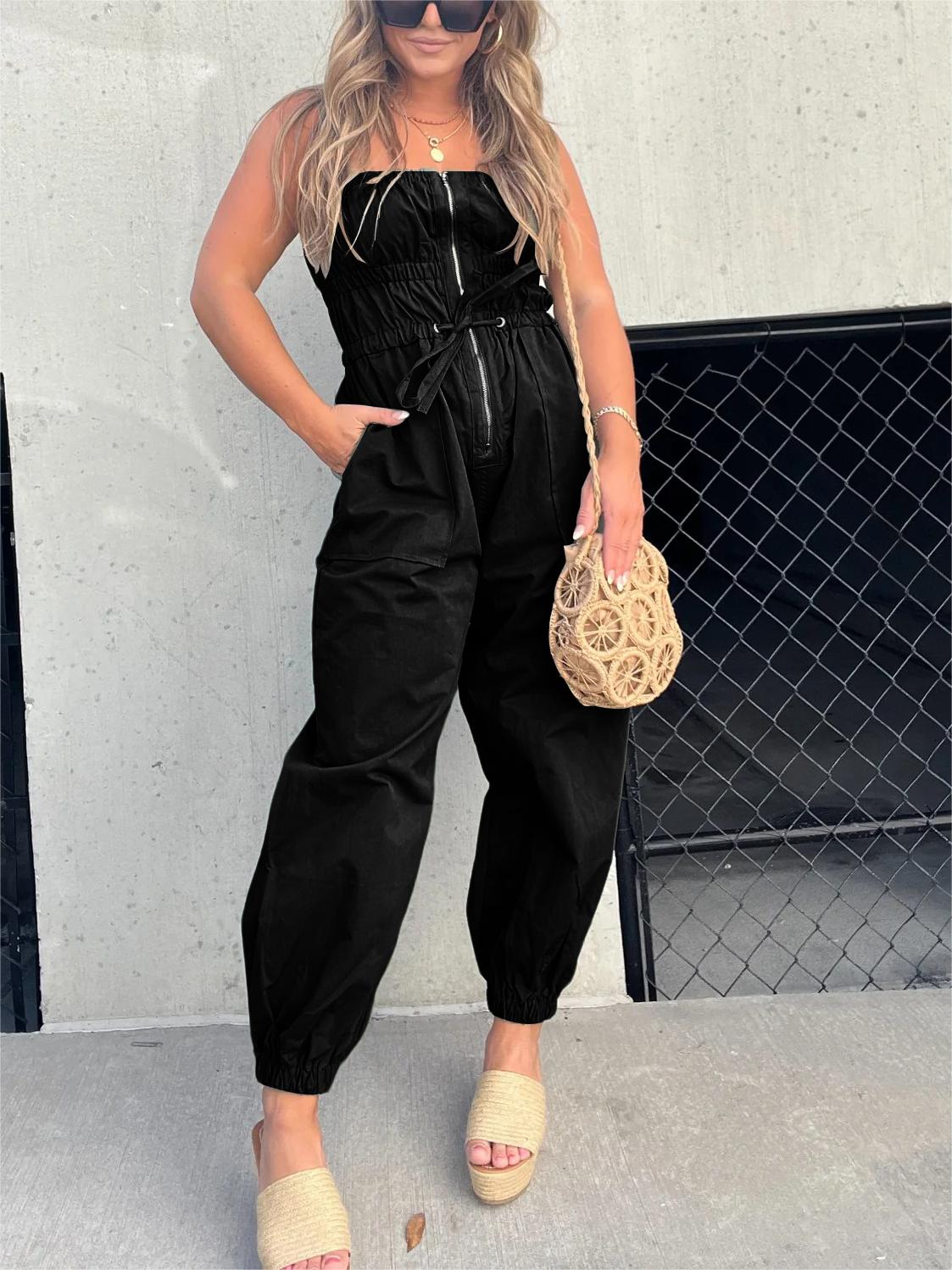 2024 Ruched Elastic Front Zipper Jumpsuit (Buy 2 Free Shipping)