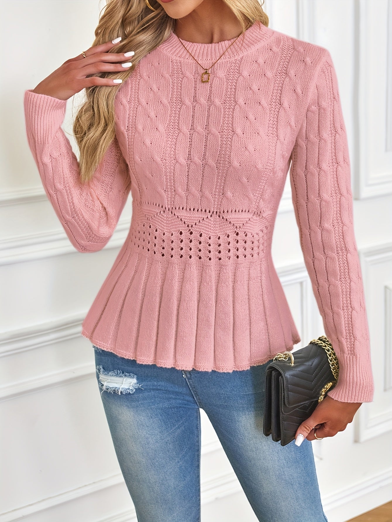 HOT SALE Women's Crew Neck Long Sleeve Chunky Knit Sweater
