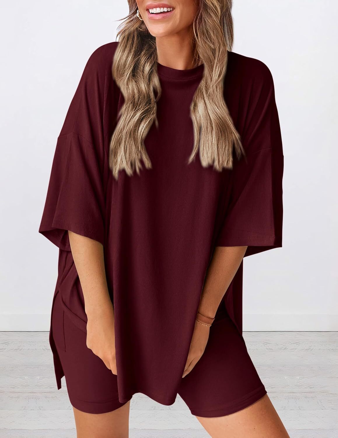 Special Sale🩷Women's Two Piece Lounge Set Casual Oversized Shirts Biker Shorts Matching Airport Travel Outfit