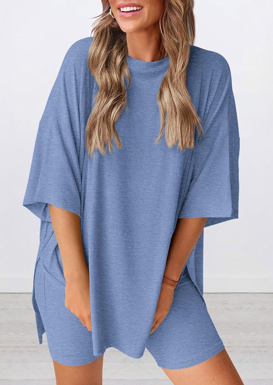 Special Sale🩷Women's Two Piece Lounge Set Casual Oversized Shirts Biker Shorts Matching Airport Travel Outfit