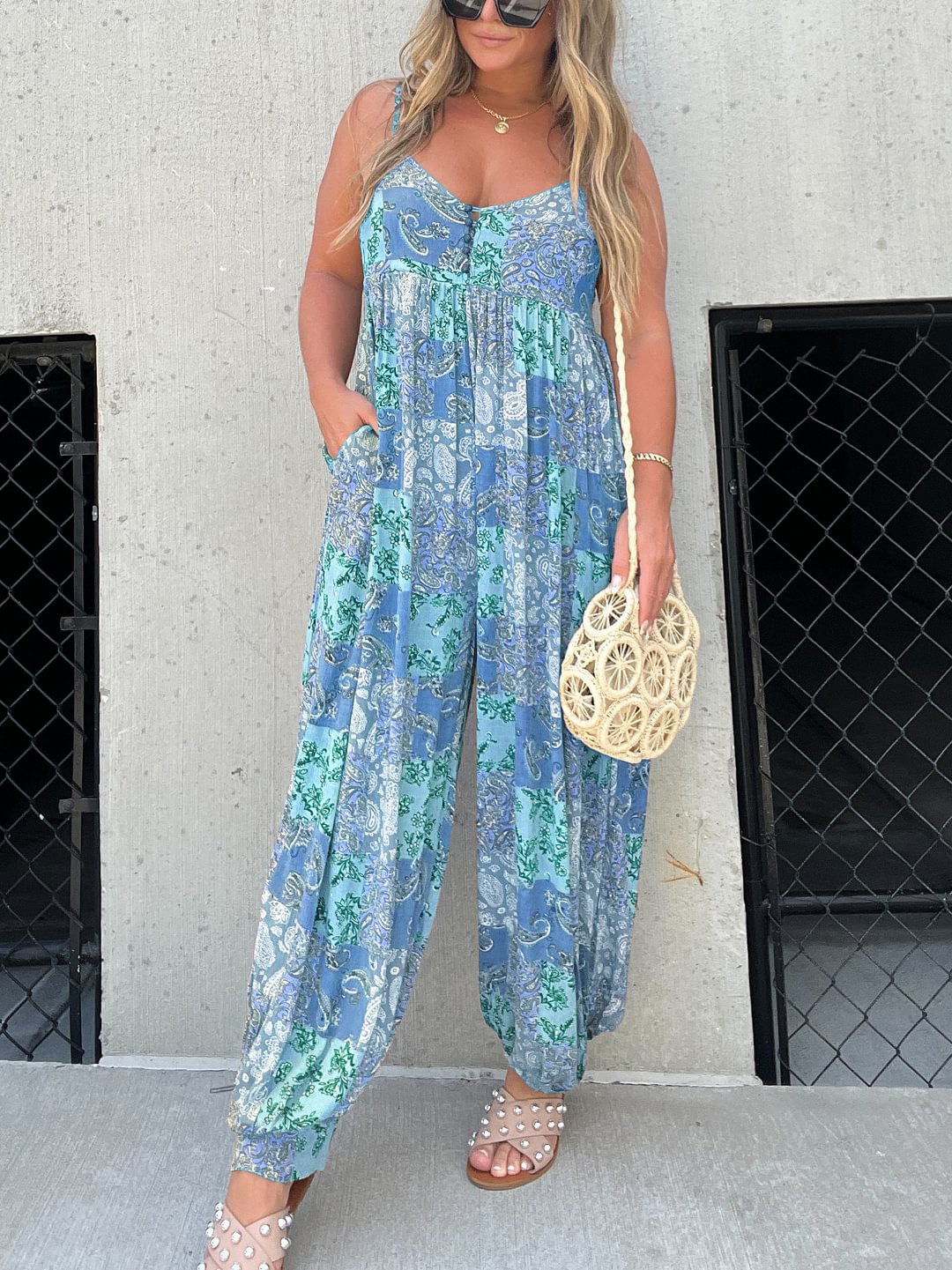 Patchwork Print Loose Jumpsuit (Buy 2 Free Shipping)