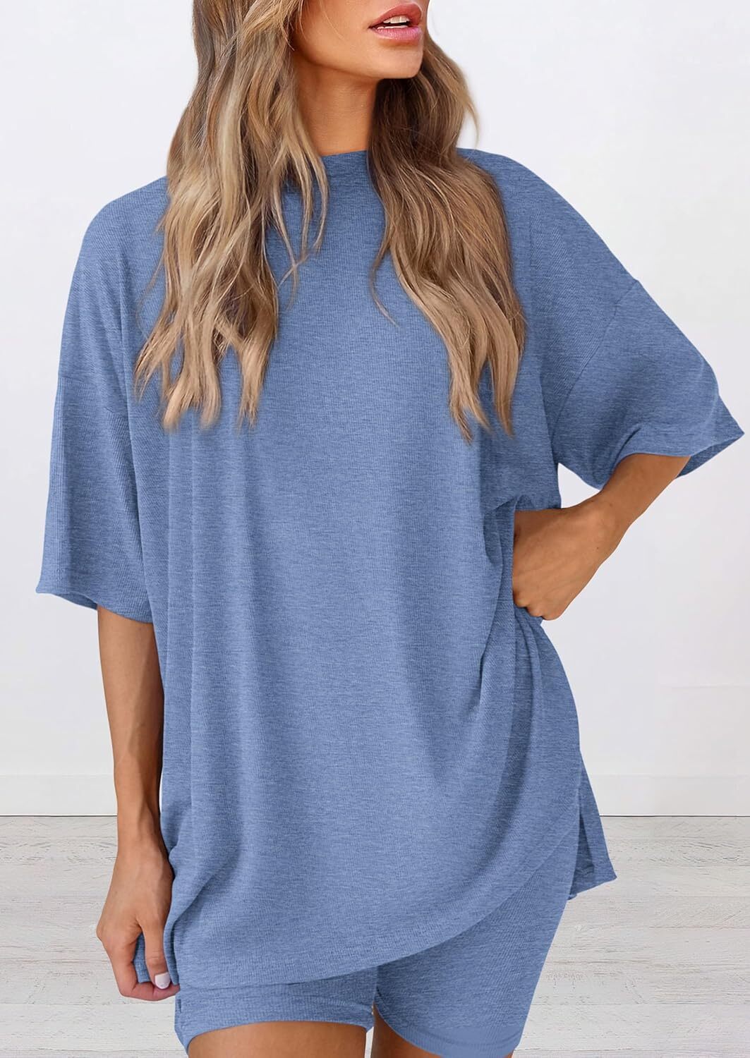 Special Sale🩷Women's Two Piece Lounge Set Casual Oversized Shirts Biker Shorts Matching Airport Travel Outfit