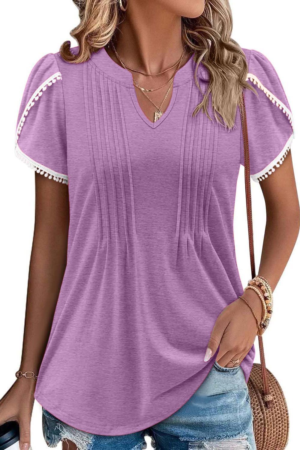 HOT SALE Women's Cute Fringe Cuff Casual Short Sleeve Printed & Solid Tops