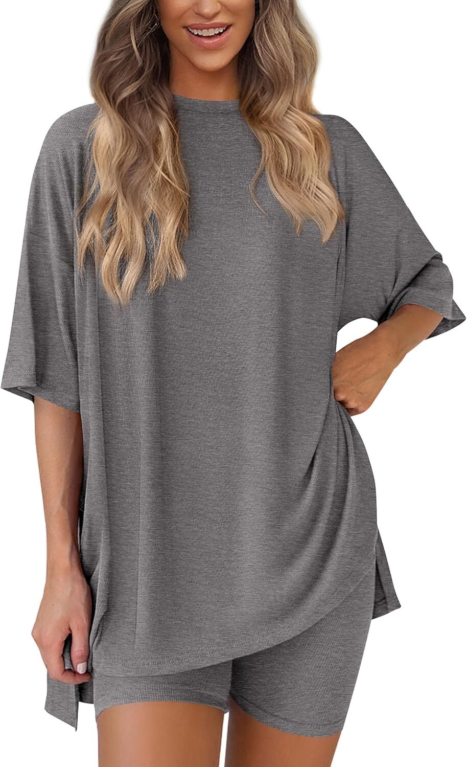 Special Sale🩷Women's Two Piece Lounge Set Casual Oversized Shirts Biker Shorts Matching Airport Travel Outfit
