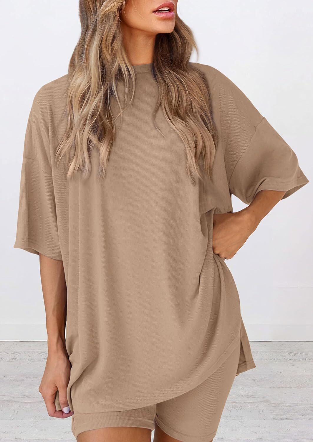 Special Sale🩷Women's Two Piece Lounge Set Casual Oversized Shirts Biker Shorts Matching Airport Travel Outfit