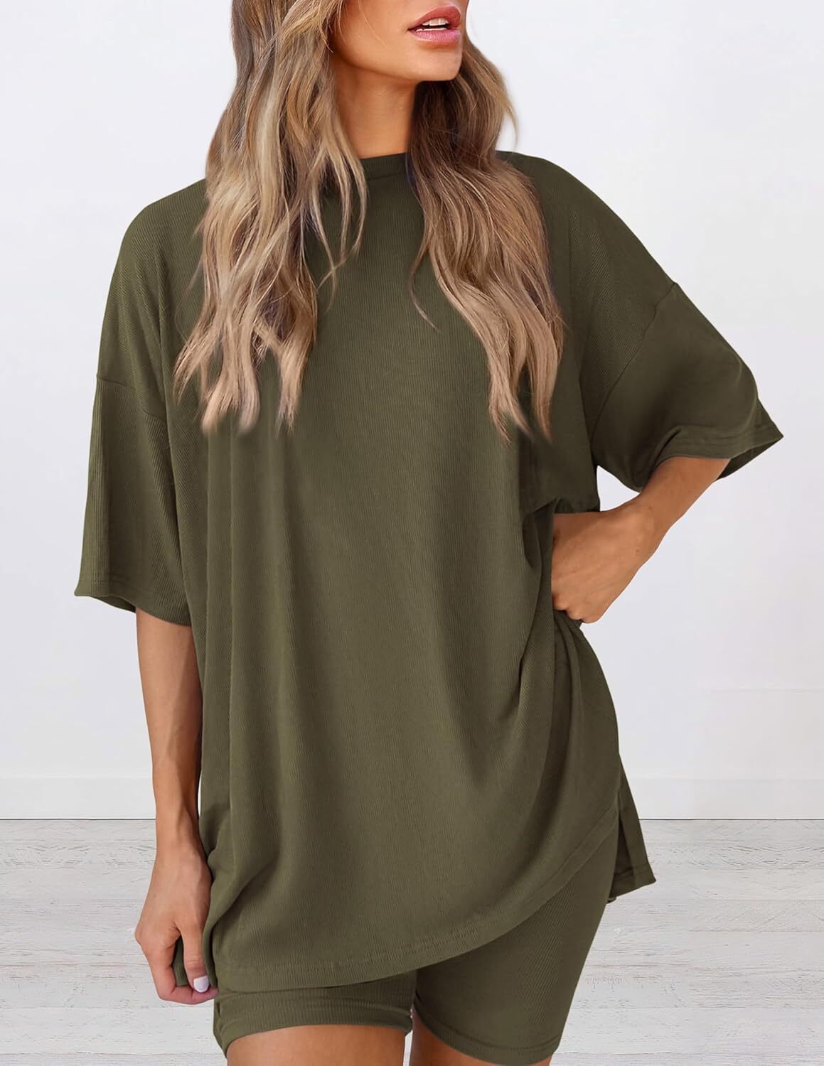 Special Sale🩷Women's Two Piece Lounge Set Casual Oversized Shirts Biker Shorts Matching Airport Travel Outfit
