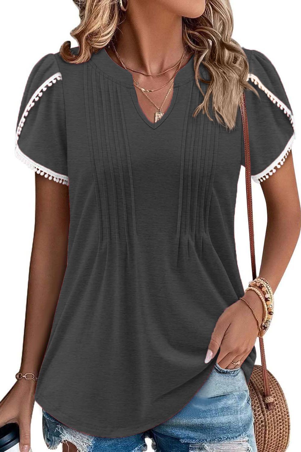 HOT SALE Women's Cute Fringe Cuff Casual Short Sleeve Printed & Solid Tops