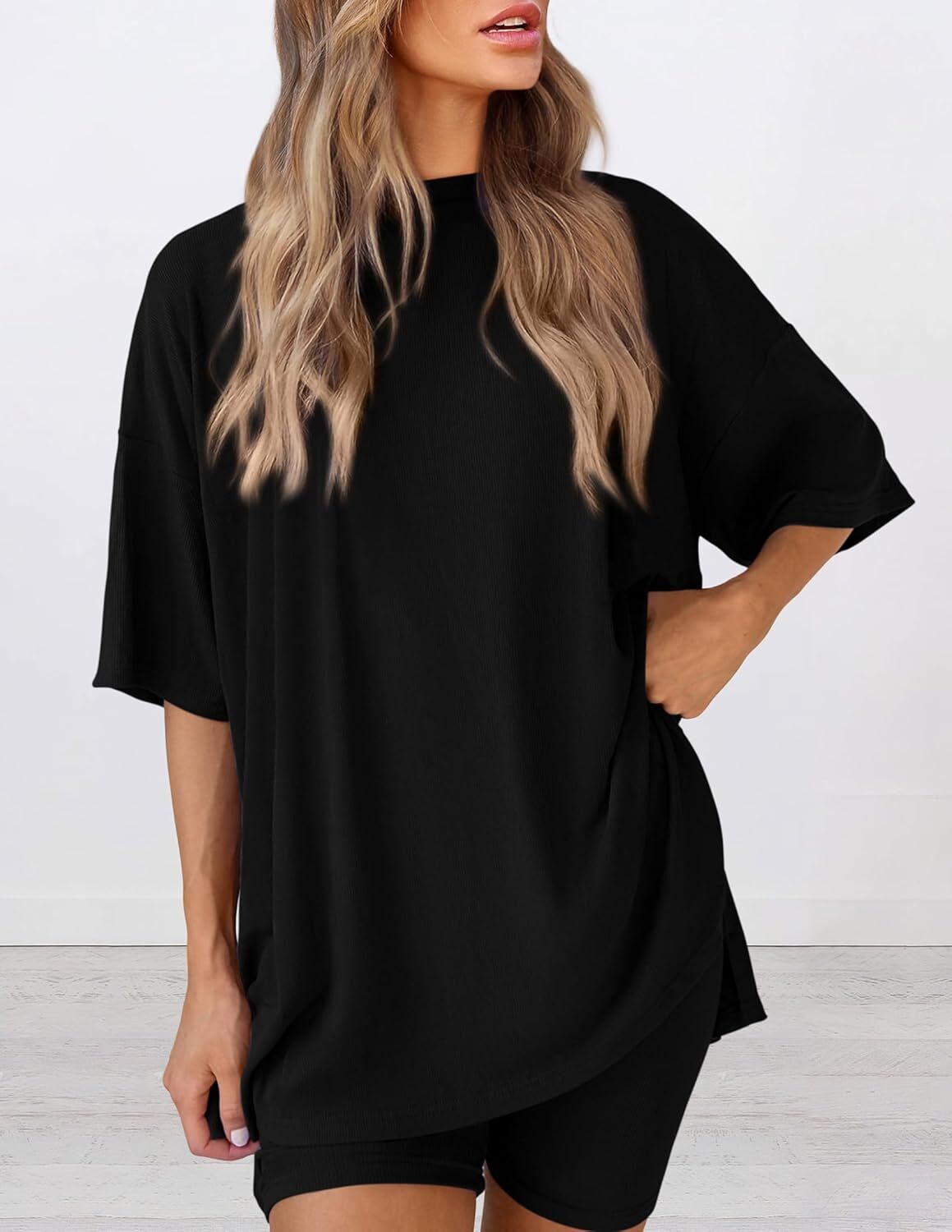 Special Sale🩷Women's Two Piece Lounge Set Casual Oversized Shirts Biker Shorts Matching Airport Travel Outfit