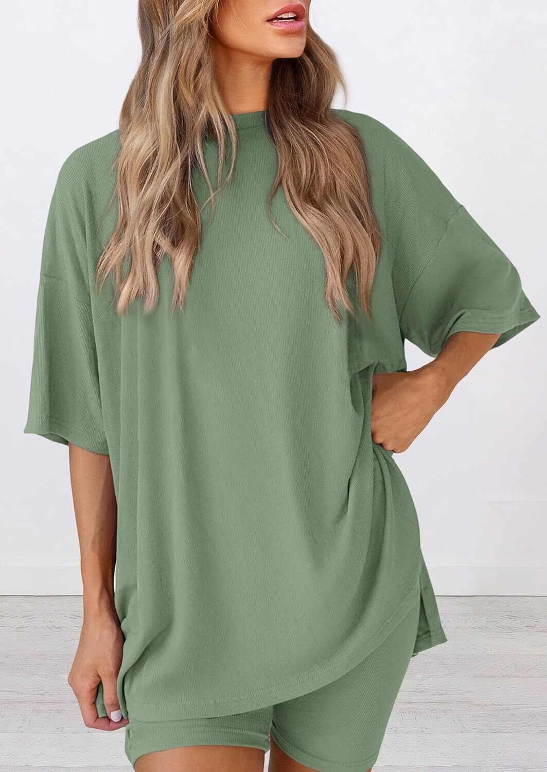 Special Sale🩷Women's Two Piece Lounge Set Casual Oversized Shirts Biker Shorts Matching Airport Travel Outfit