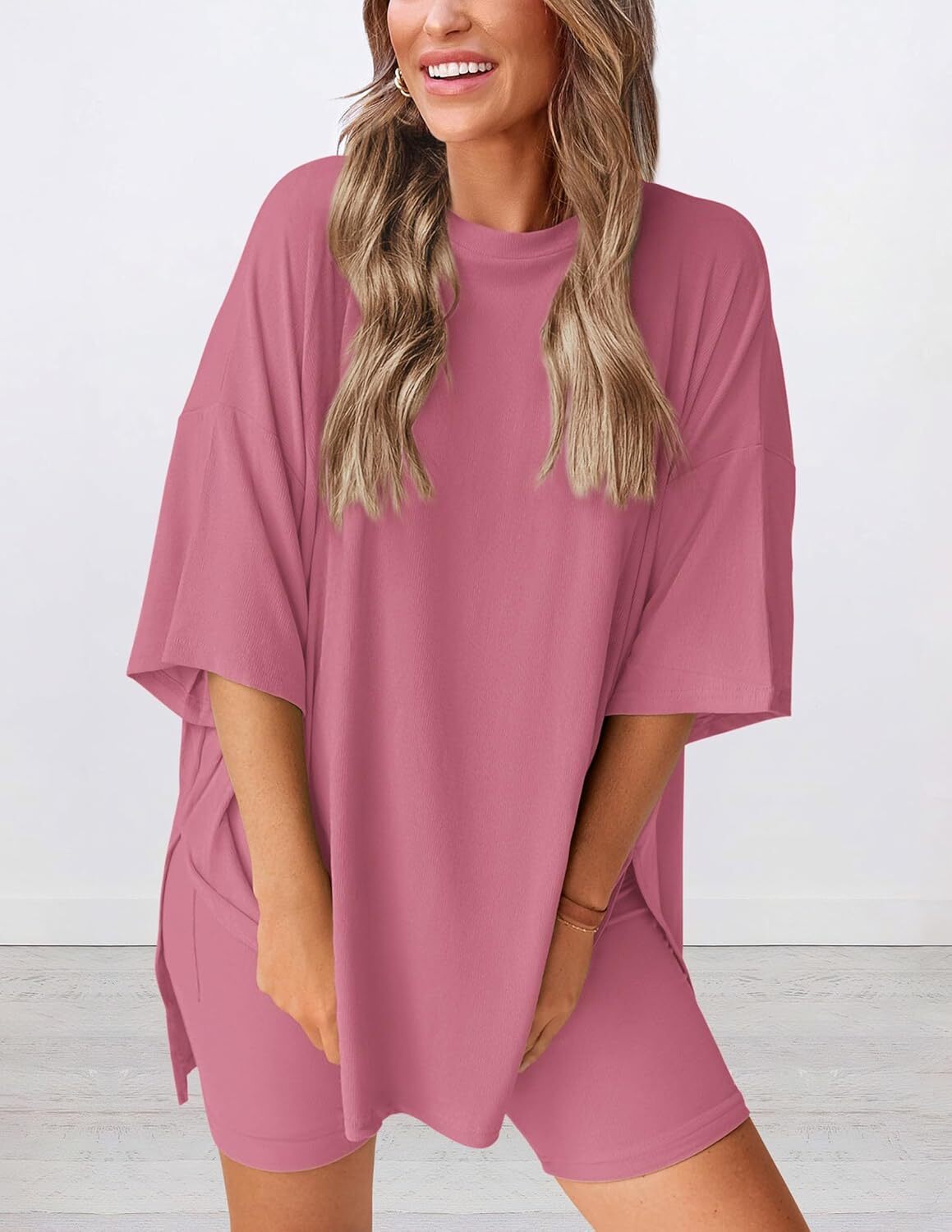 Special Sale🩷Women's Two Piece Lounge Set Casual Oversized Shirts Biker Shorts Matching Airport Travel Outfit