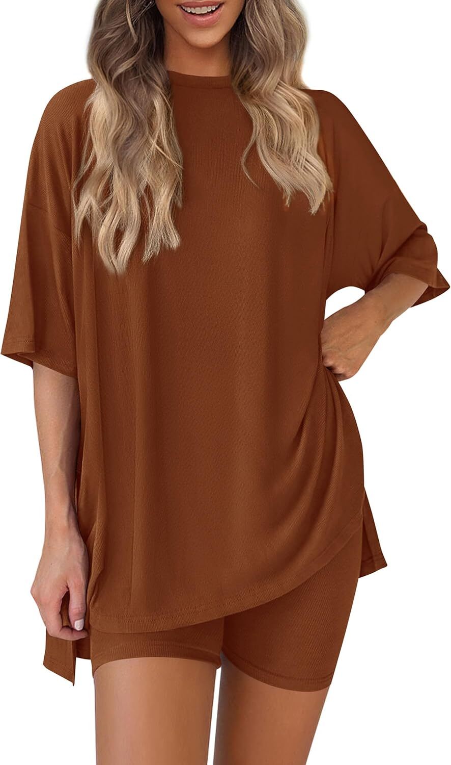 Special Sale🩷Women's Two Piece Lounge Set Casual Oversized Shirts Biker Shorts Matching Airport Travel Outfit