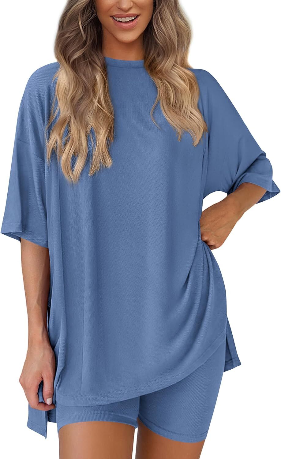 Special Sale🩷Women's Two Piece Lounge Set Casual Oversized Shirts Biker Shorts Matching Airport Travel Outfit