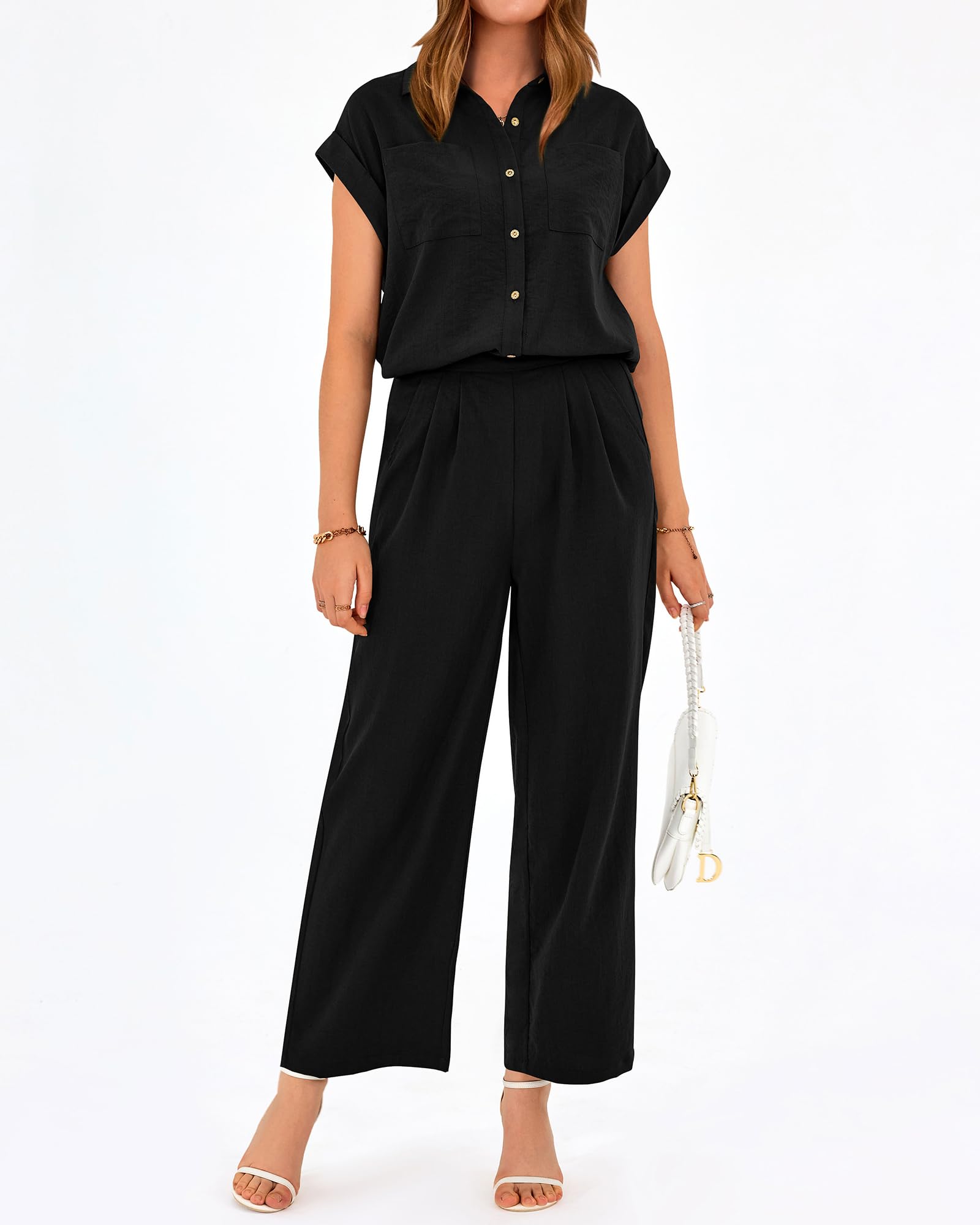 Women's Button Down Shirt Pants Two Piece Set?Buy 2 Free Shipping