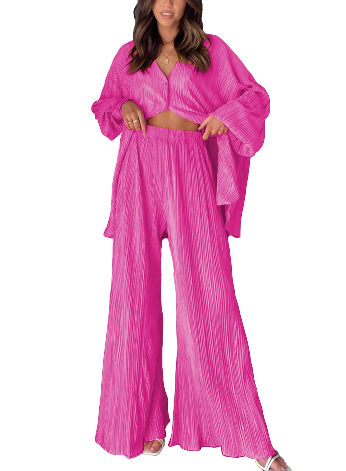 Womens  Pleated Plisse Button Up Two-Piece Maternity Set