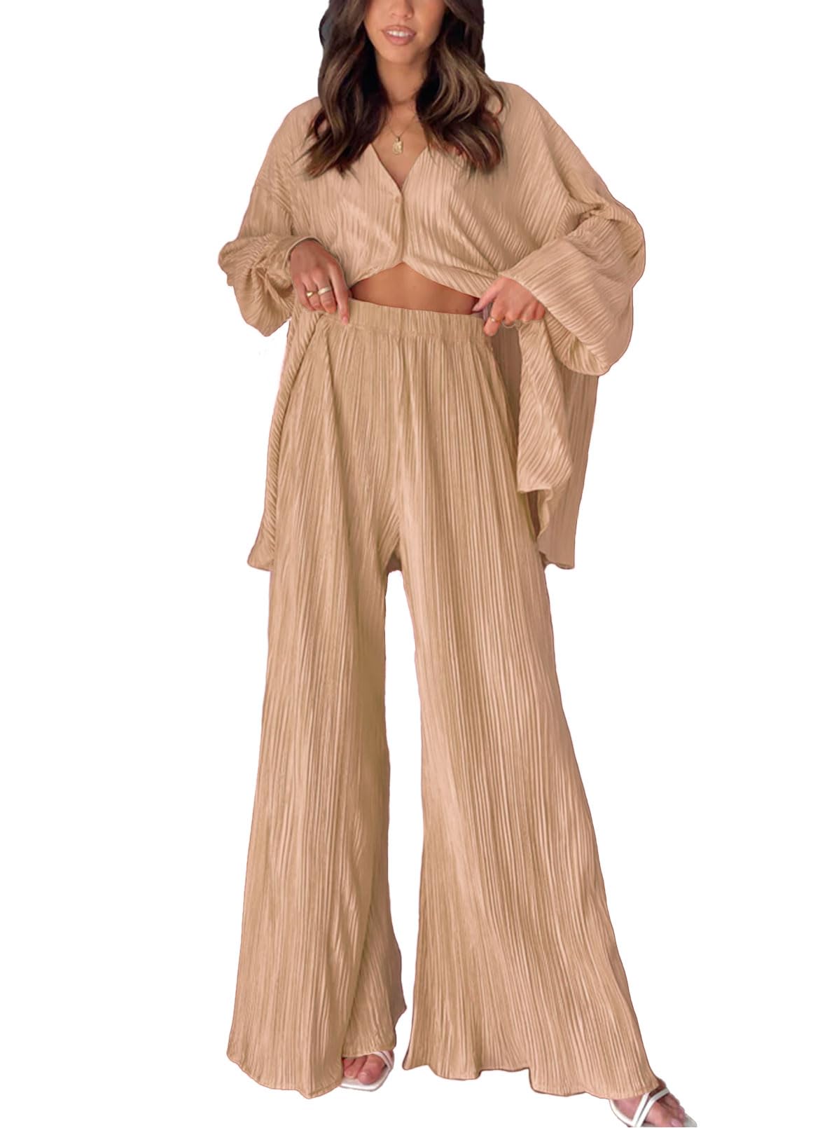 Womens  Pleated Plisse Button Up Two-Piece Maternity Set