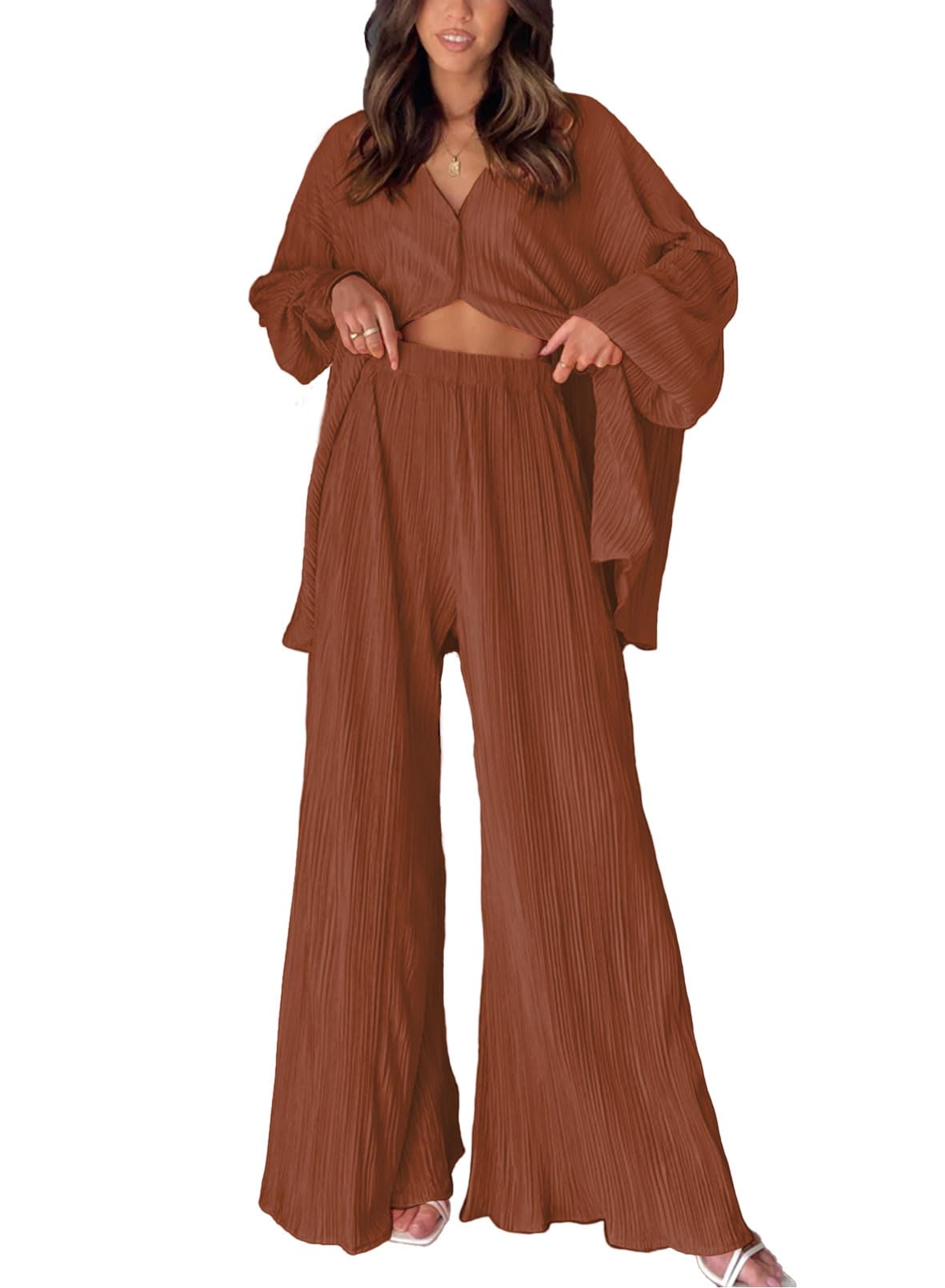 Womens  Pleated Plisse Button Up Two-Piece Maternity Set
