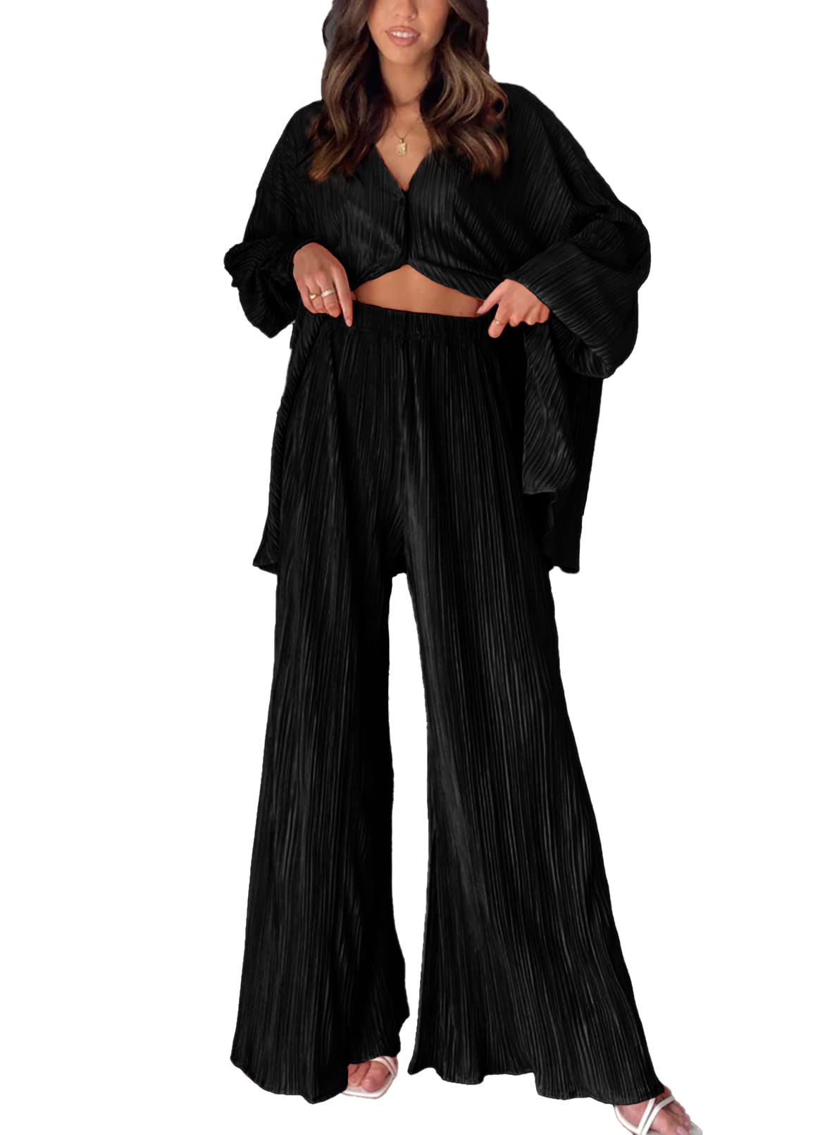 Womens  Pleated Plisse Button Up Two-Piece Maternity Set