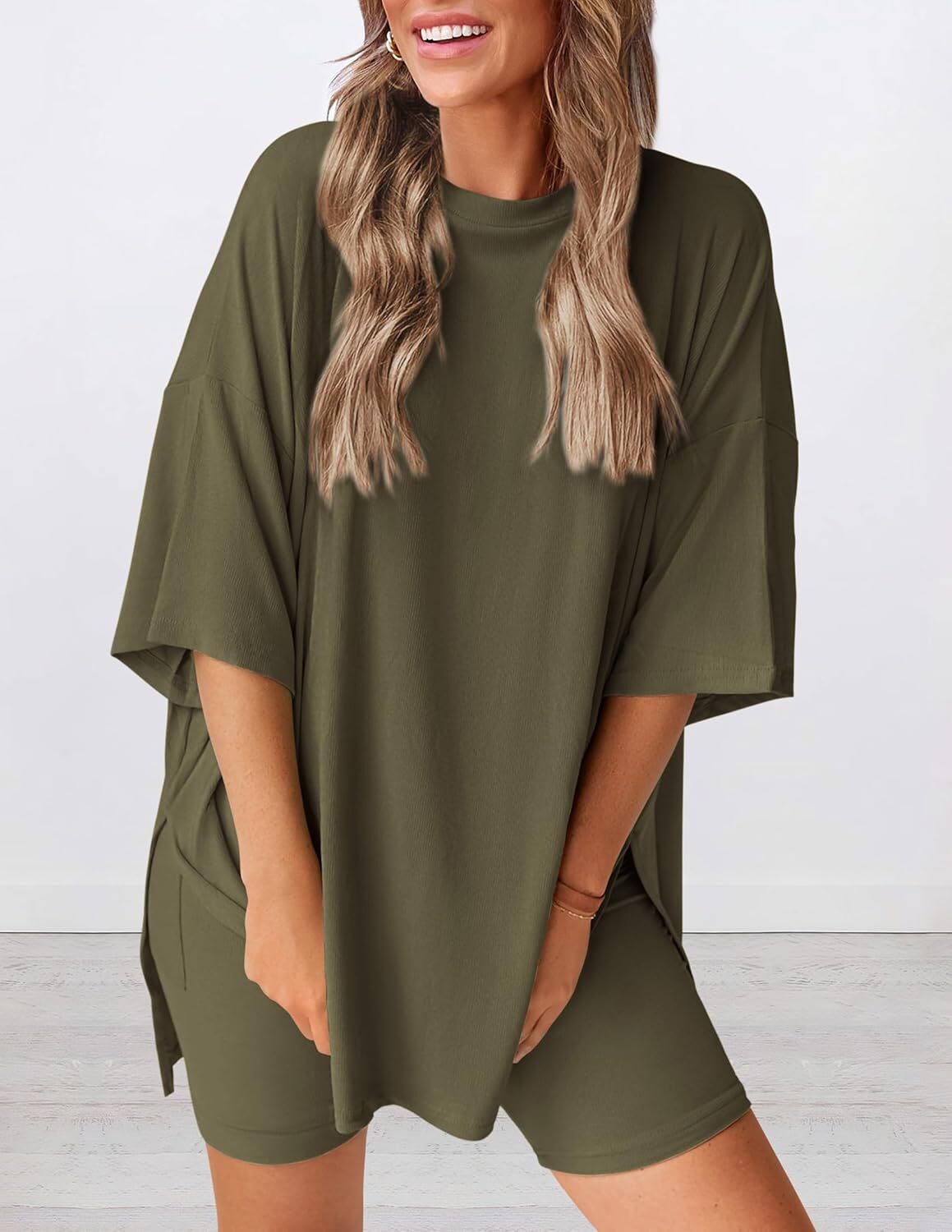 Special Sale🩷Women's Two Piece Lounge Set Casual Oversized Shirts Biker Shorts Matching Airport Travel Outfit