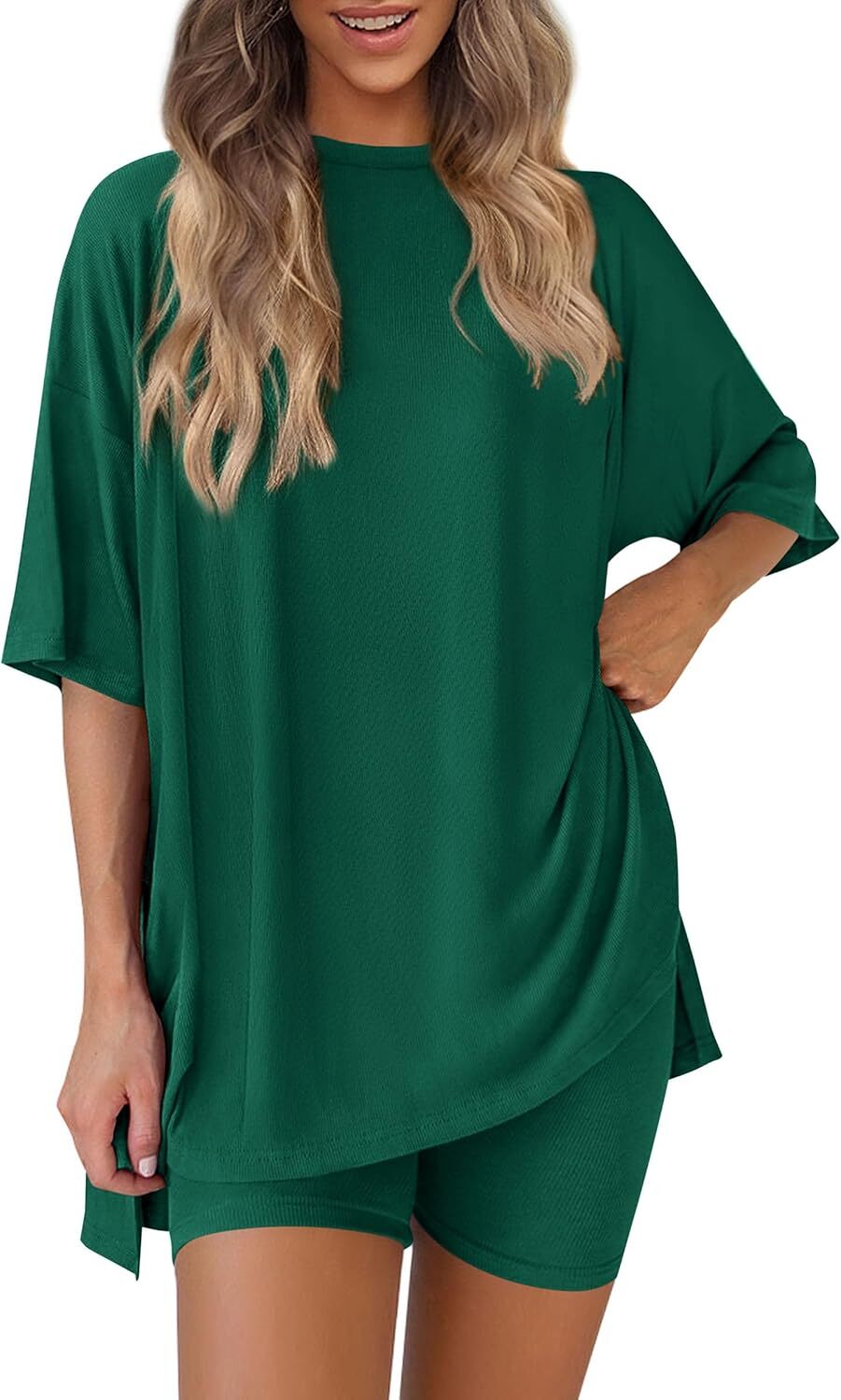 Special Sale🩷Women's Two Piece Lounge Set Casual Oversized Shirts Biker Shorts Matching Airport Travel Outfit