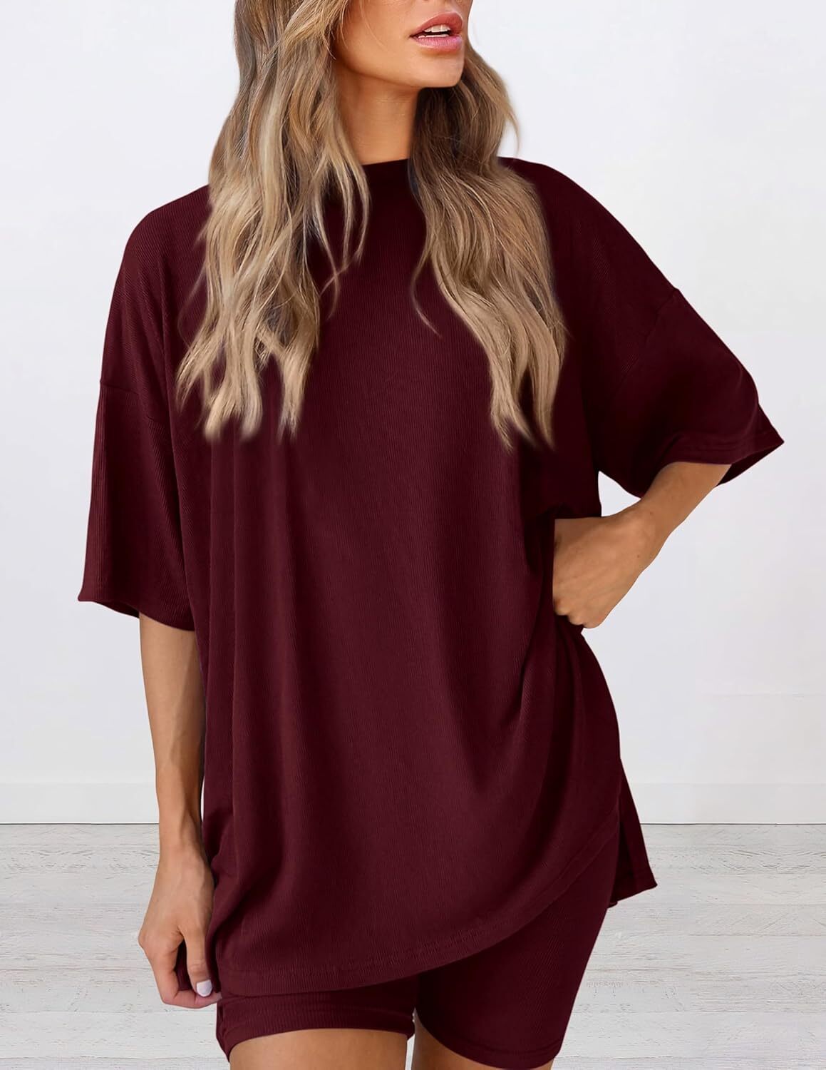 Special Sale🩷Women's Two Piece Lounge Set Casual Oversized Shirts Biker Shorts Matching Airport Travel Outfit
