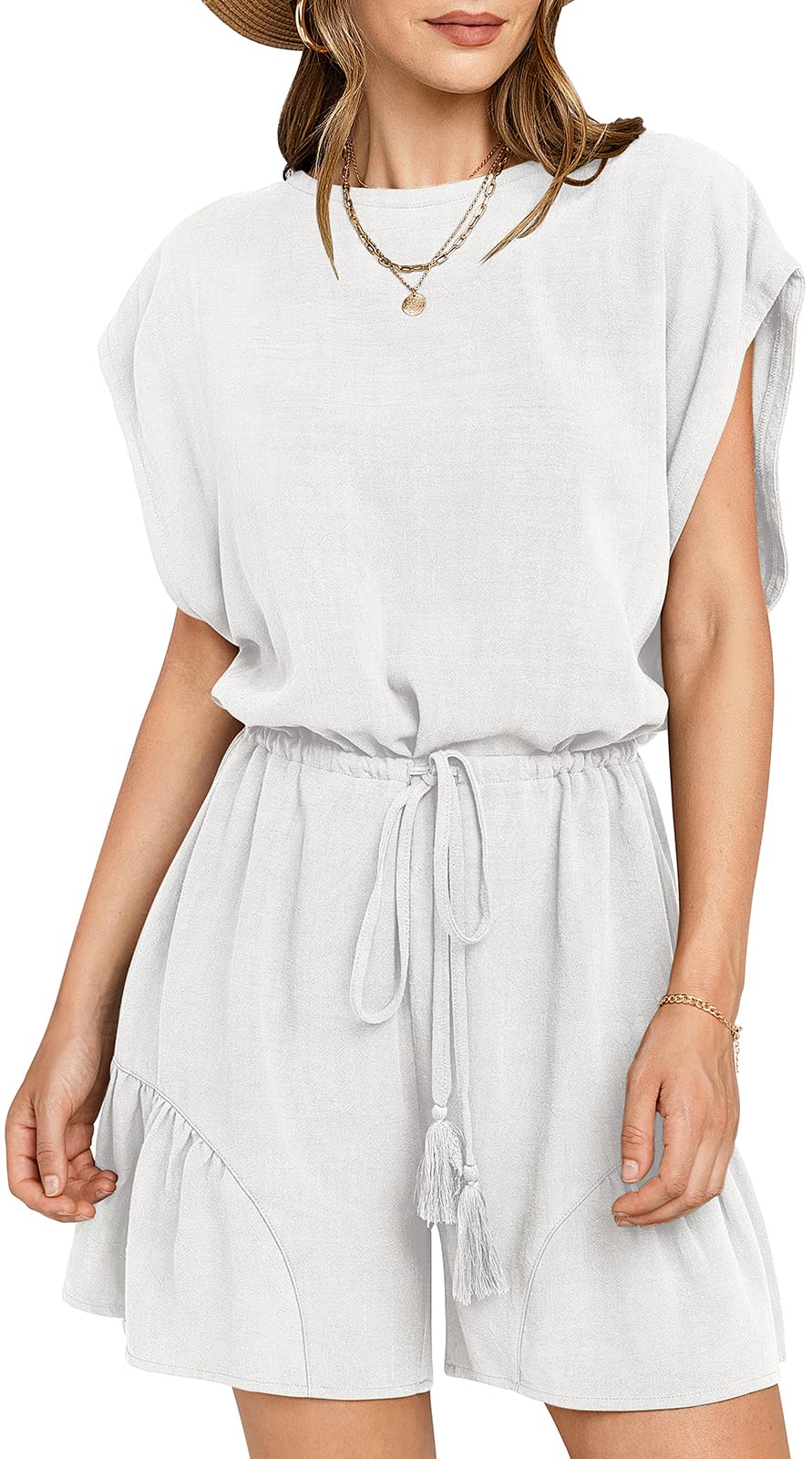 ??New ??Women's Summer Casual Linen Romper with Drawstring??