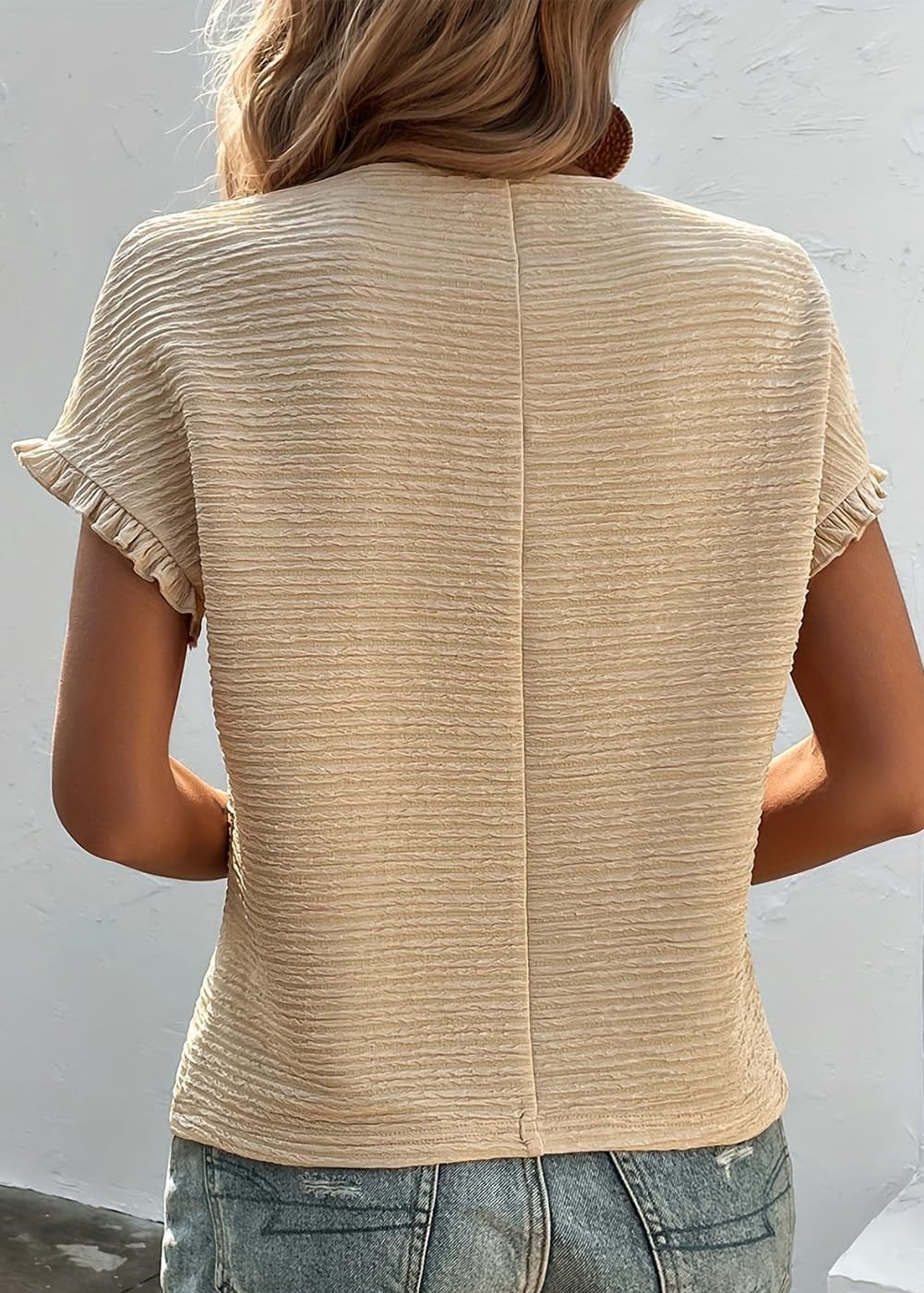 HOT SALE Women's Crewneck Textured Pleated Short Sleeve Shirt Top