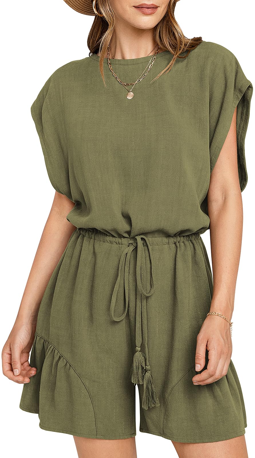 ??New ??Women's Summer Casual Linen Romper with Drawstring??