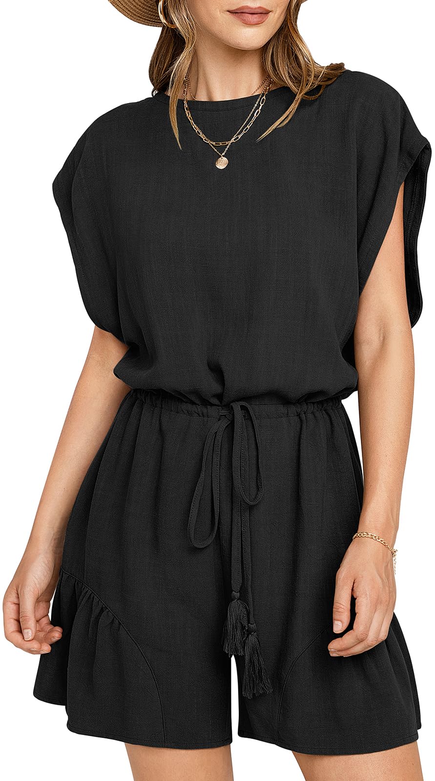 ??New ??Women's Summer Casual Linen Romper with Drawstring??