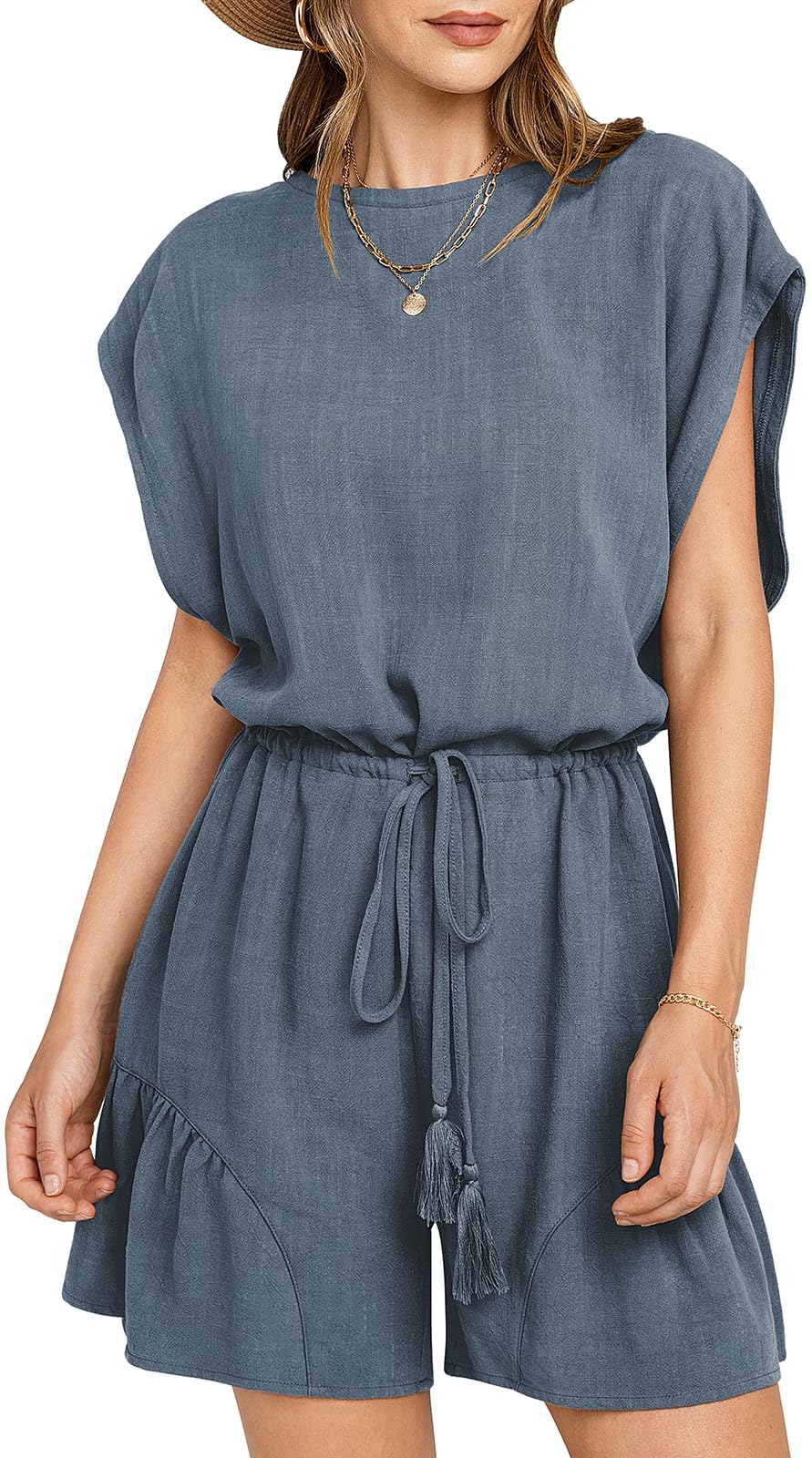 ??New ??Women's Summer Casual Linen Romper with Drawstring??