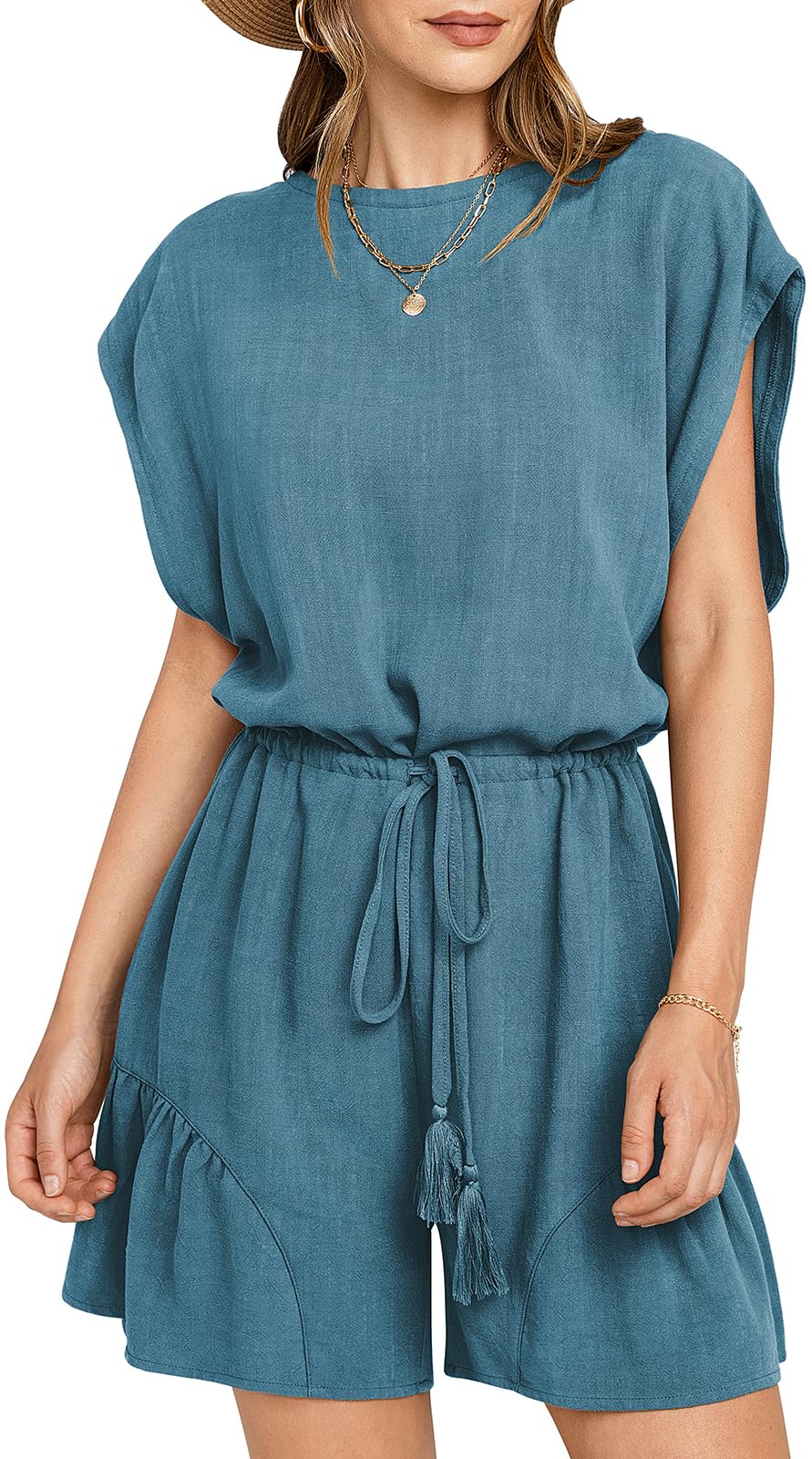 ??New ??Women's Summer Casual Linen Romper with Drawstring??