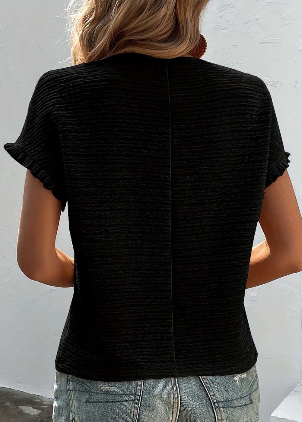 HOT SALE Women's Crewneck Textured Pleated Short Sleeve Shirt Top