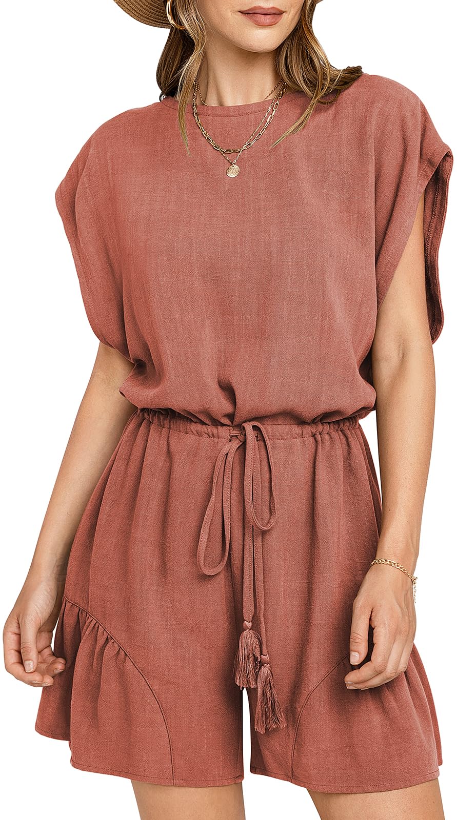 ??New ??Women's Summer Casual Linen Romper with Drawstring??