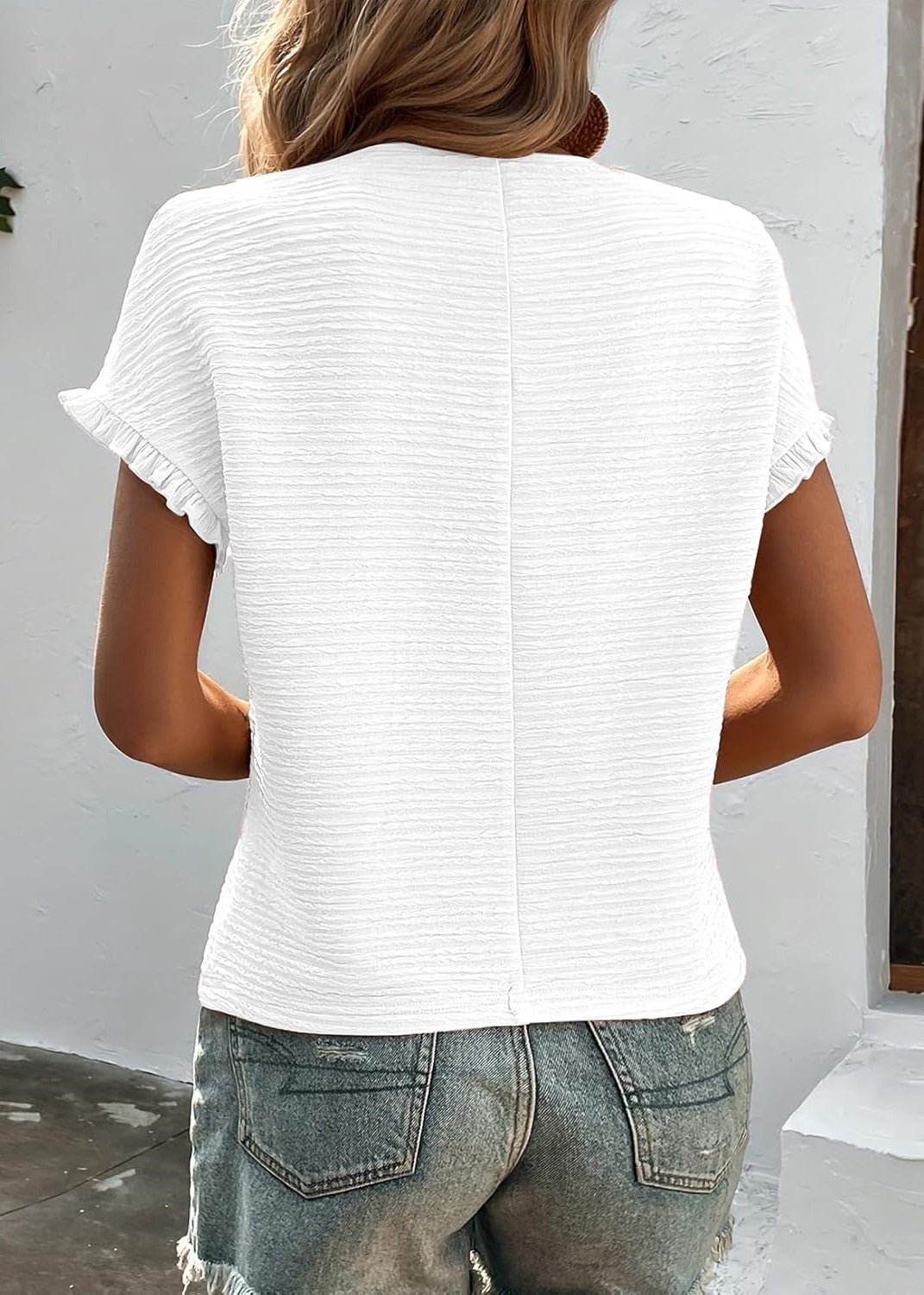 HOT SALE Women's Crewneck Textured Pleated Short Sleeve Shirt Top